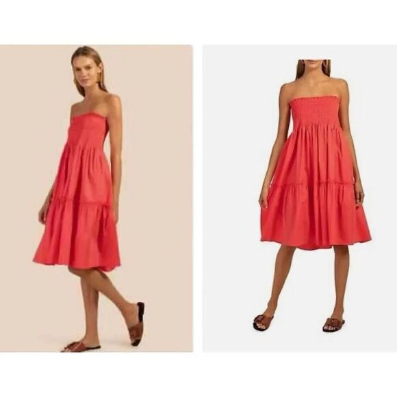 TRINA TURK | Coral Pink Smocked Strapless Dress Skirt Tiered Ruffle | Medium - Picture 1 of 8